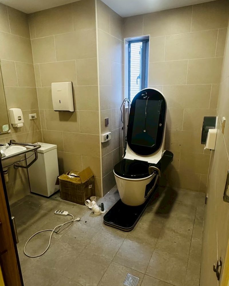 The accessible restroom, still under construction